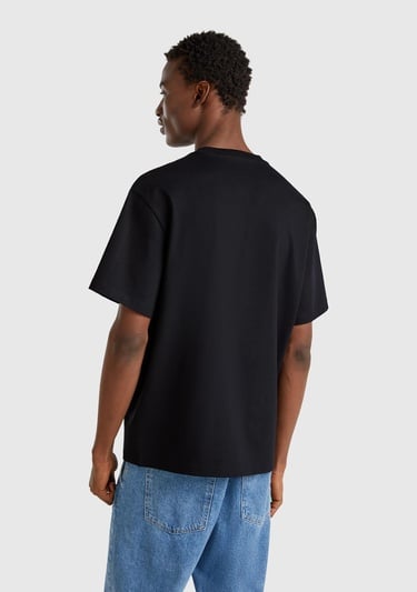  Erkek Siyah %100 Pamuk Önü Logo İşlemeli Oversize T-Shirt