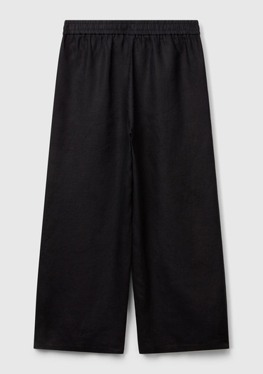  Kadın Siyah %100 Keten Beli Lastikli Bol Kısa Paça Pantolon