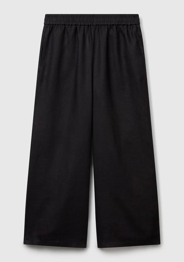  Kadın Siyah %100 Keten Beli Lastikli Bol Kısa Paça Pantolon