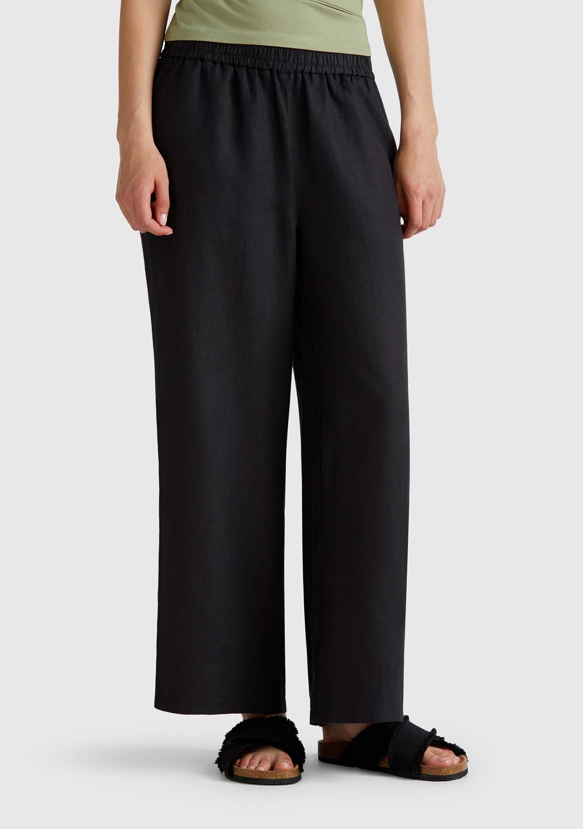  Kadın Siyah %100 Keten Beli Lastikli Bol Kısa Paça Pantolon