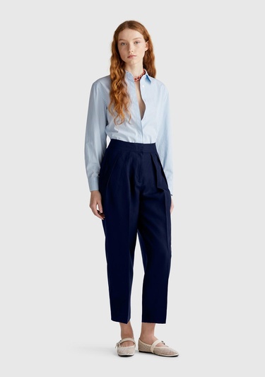  Kadın Lacivert Keten Karışımlı Havuç Kesim Pantolon