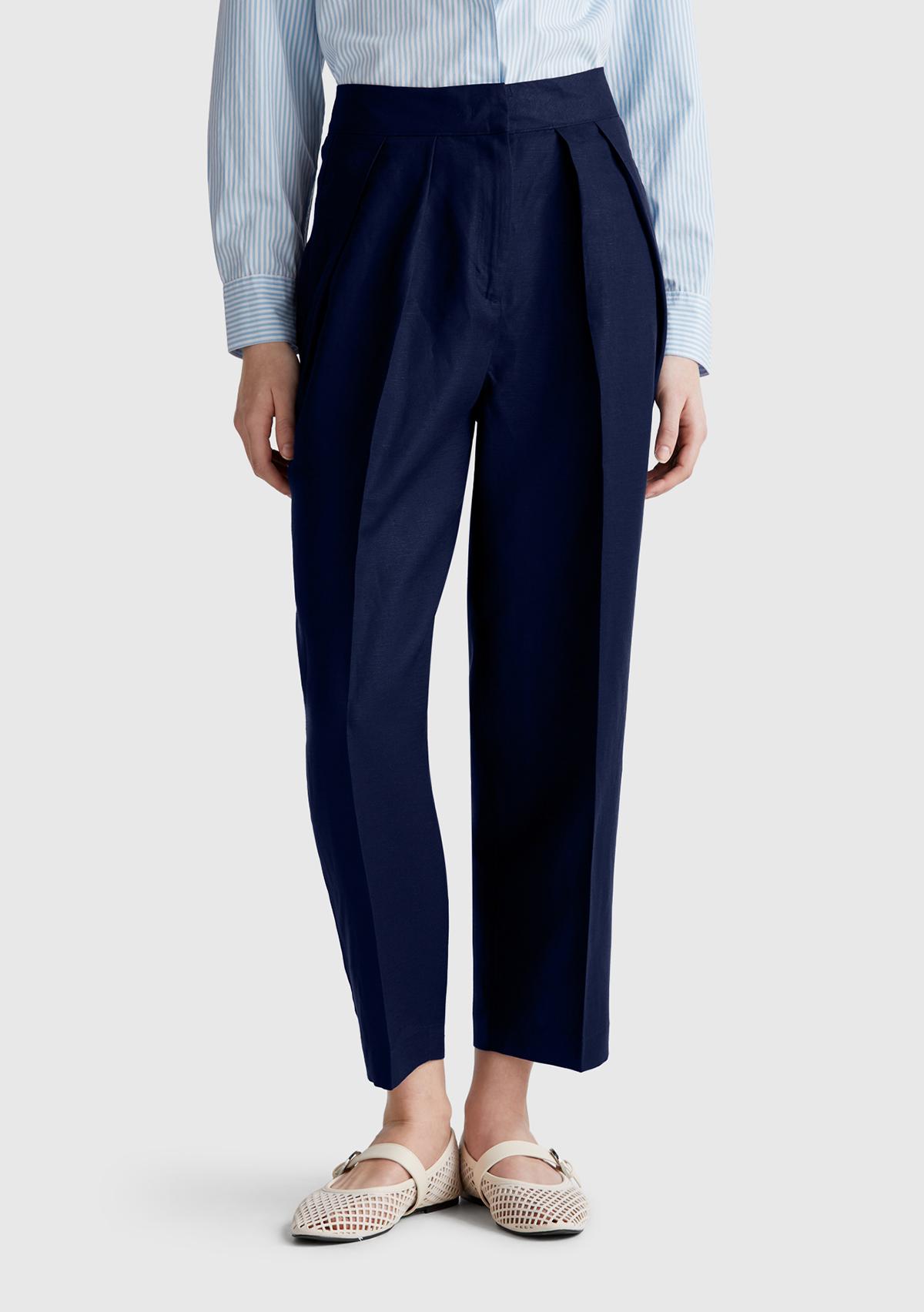  Kadın Lacivert Keten Karışımlı Havuç Kesim Pantolon