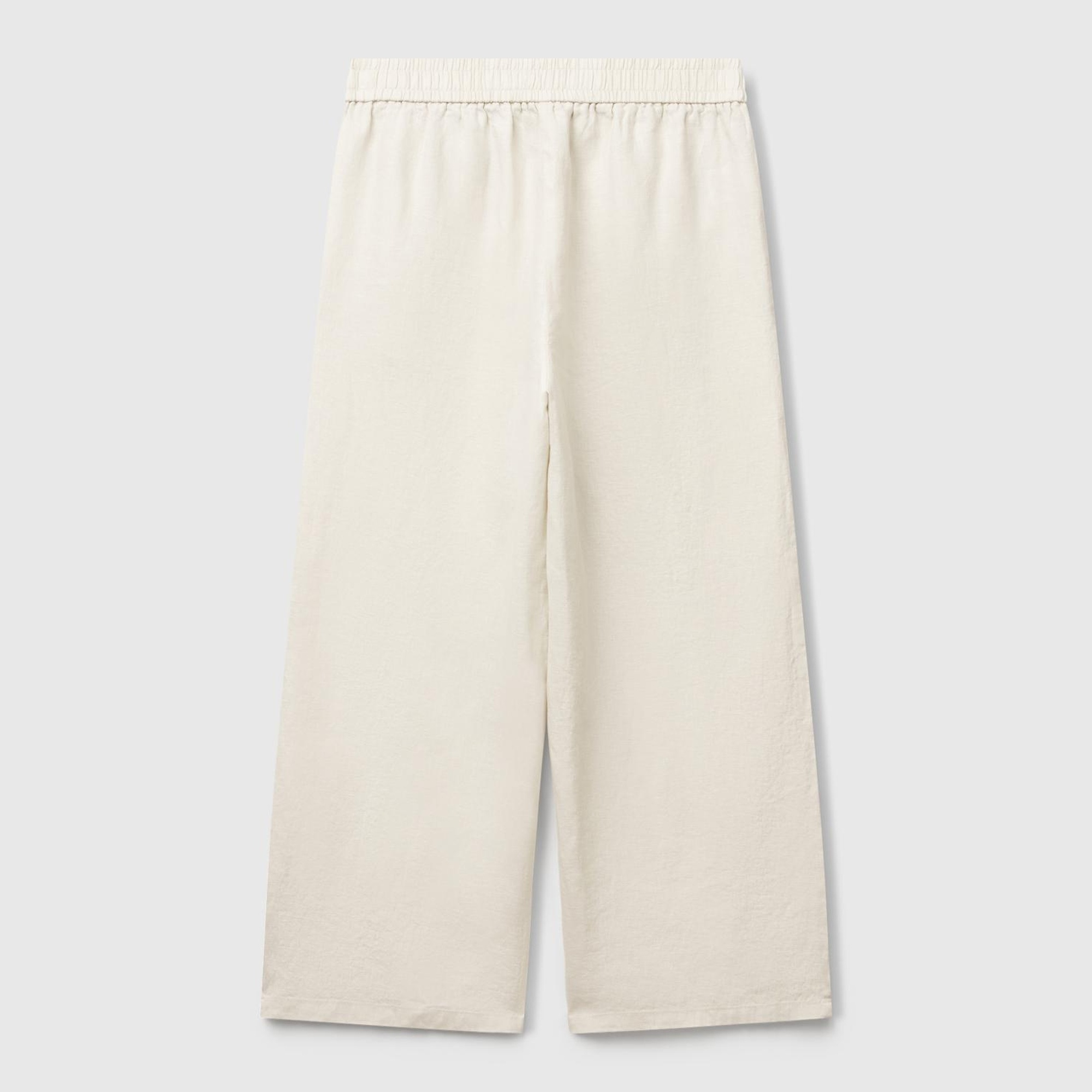 Kadın Taş Rengi %100 Keten Beli Lastikli Bol Kısa Paça Pantolon