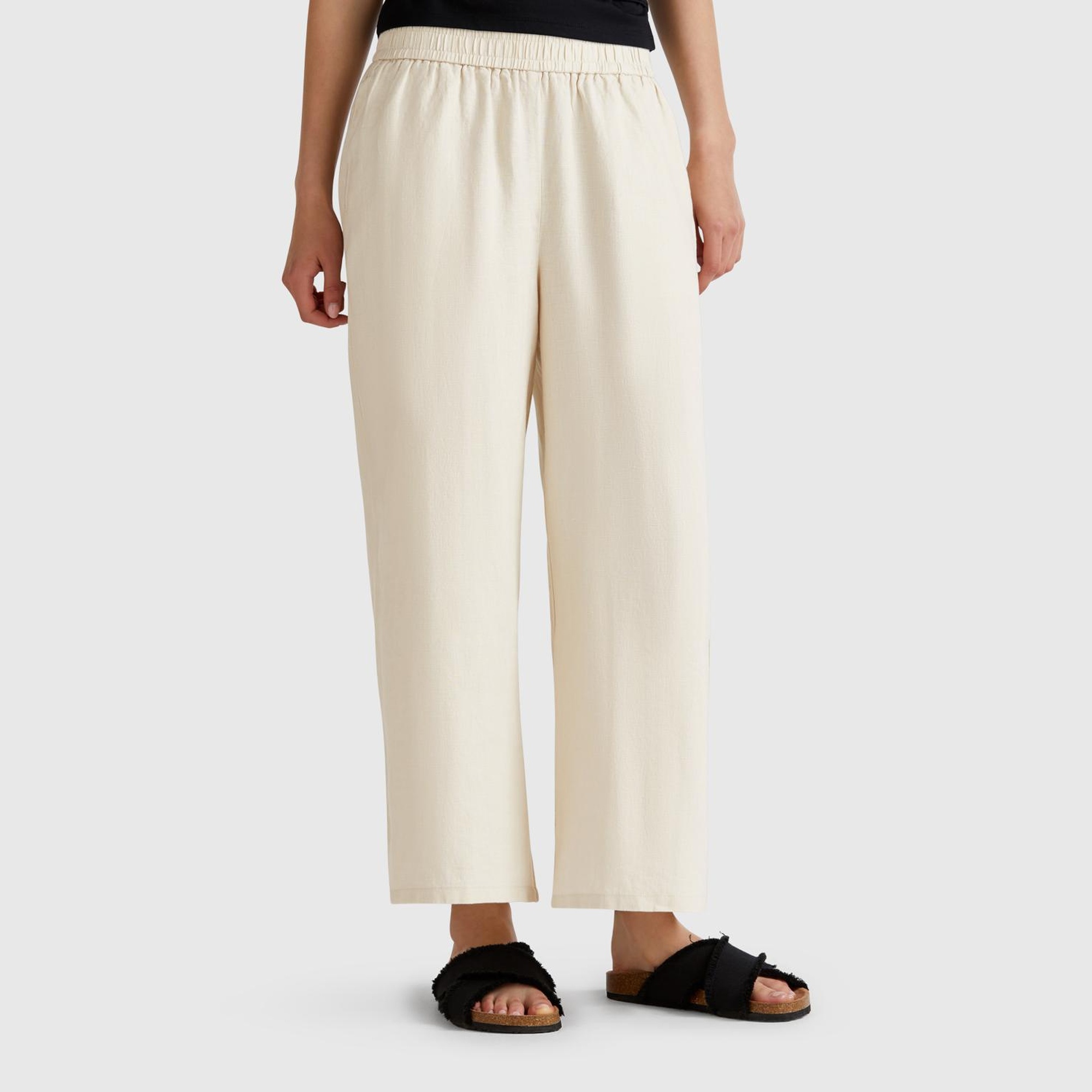 Kadın Taş Rengi %100 Keten Beli Lastikli Bol Kısa Paça Pantolon