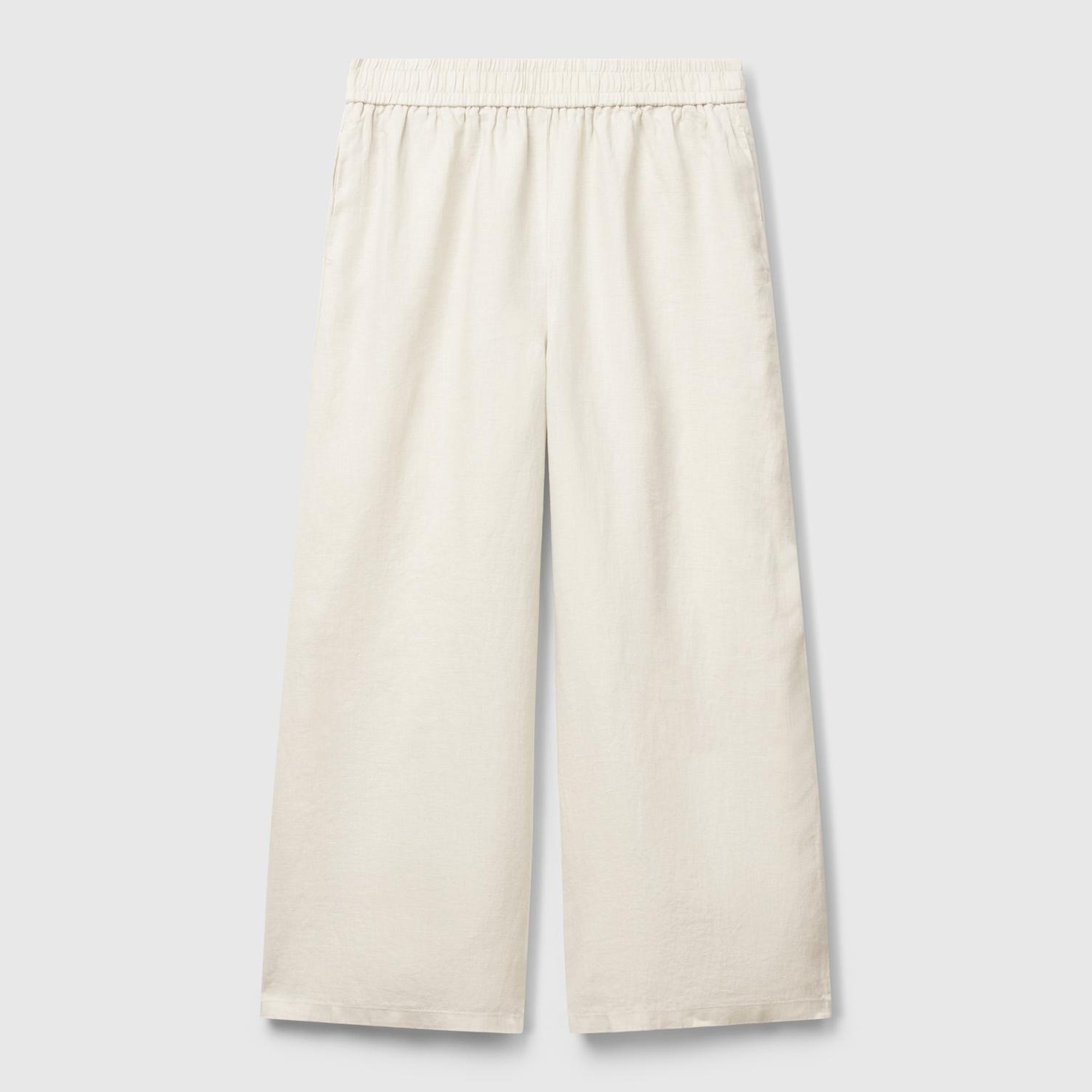 Kadın Taş Rengi %100 Keten Beli Lastikli Bol Kısa Paça Pantolon