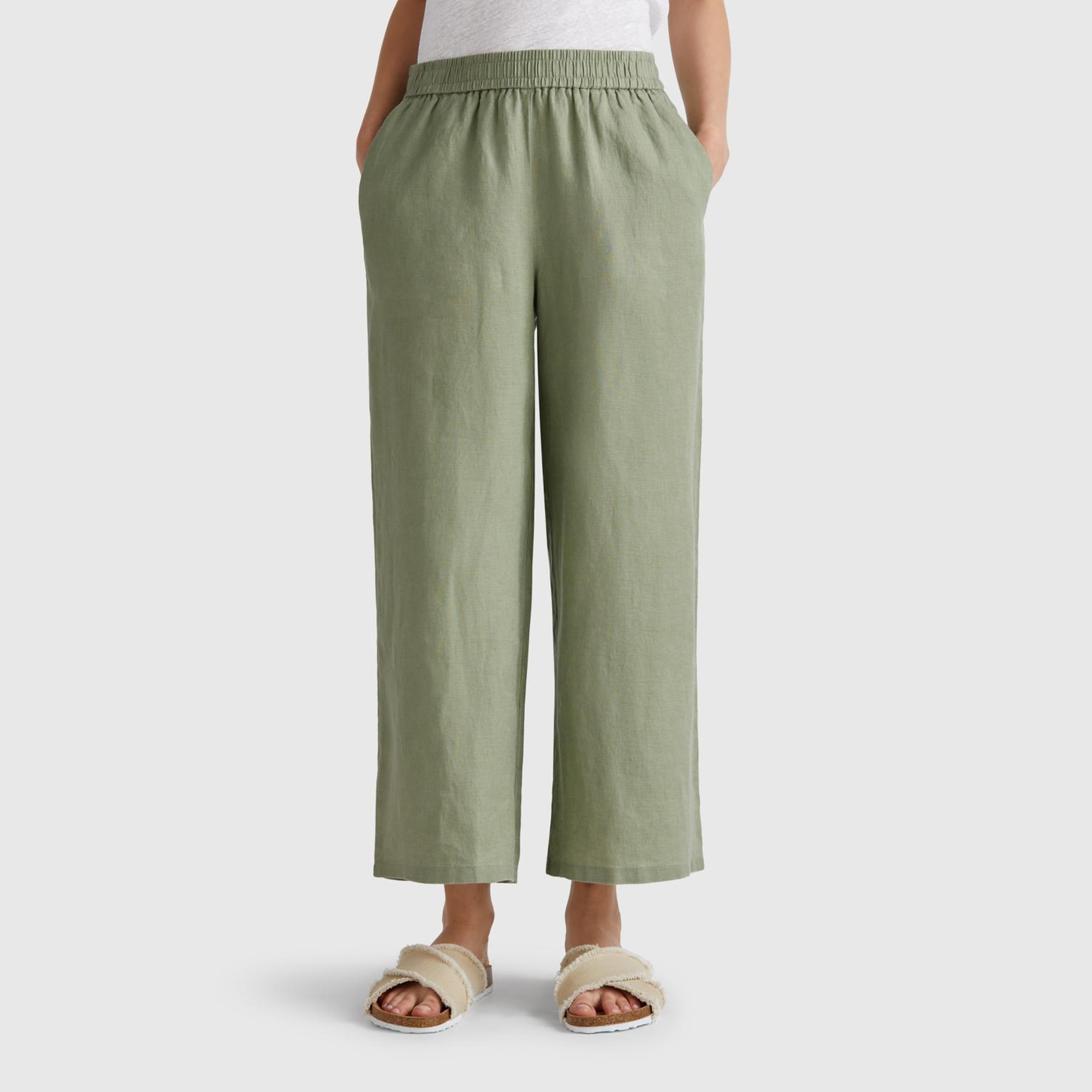 Kadın Adaçayı yeşili %100 Keten Beli Lastikli Bol Kısa Paça Pantolon