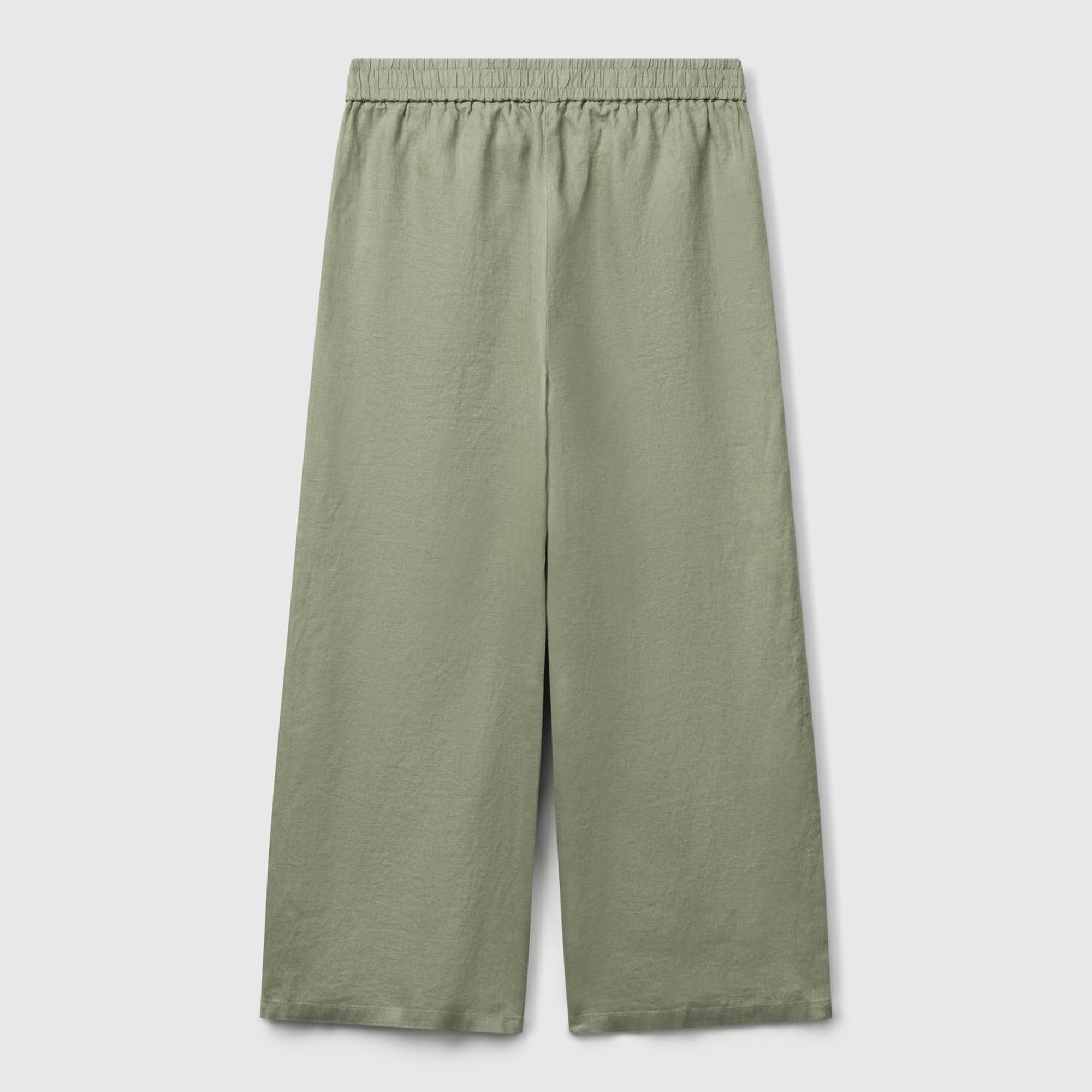 Kadın Adaçayı yeşili %100 Keten Beli Lastikli Bol Kısa Paça Pantolon