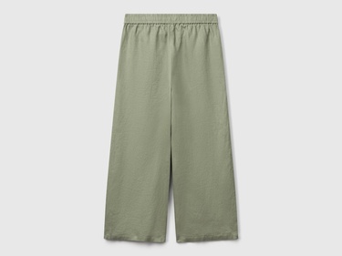  Kadın Adaçayı yeşili %100 Keten Beli Lastikli Bol Kısa Paça Pantolon