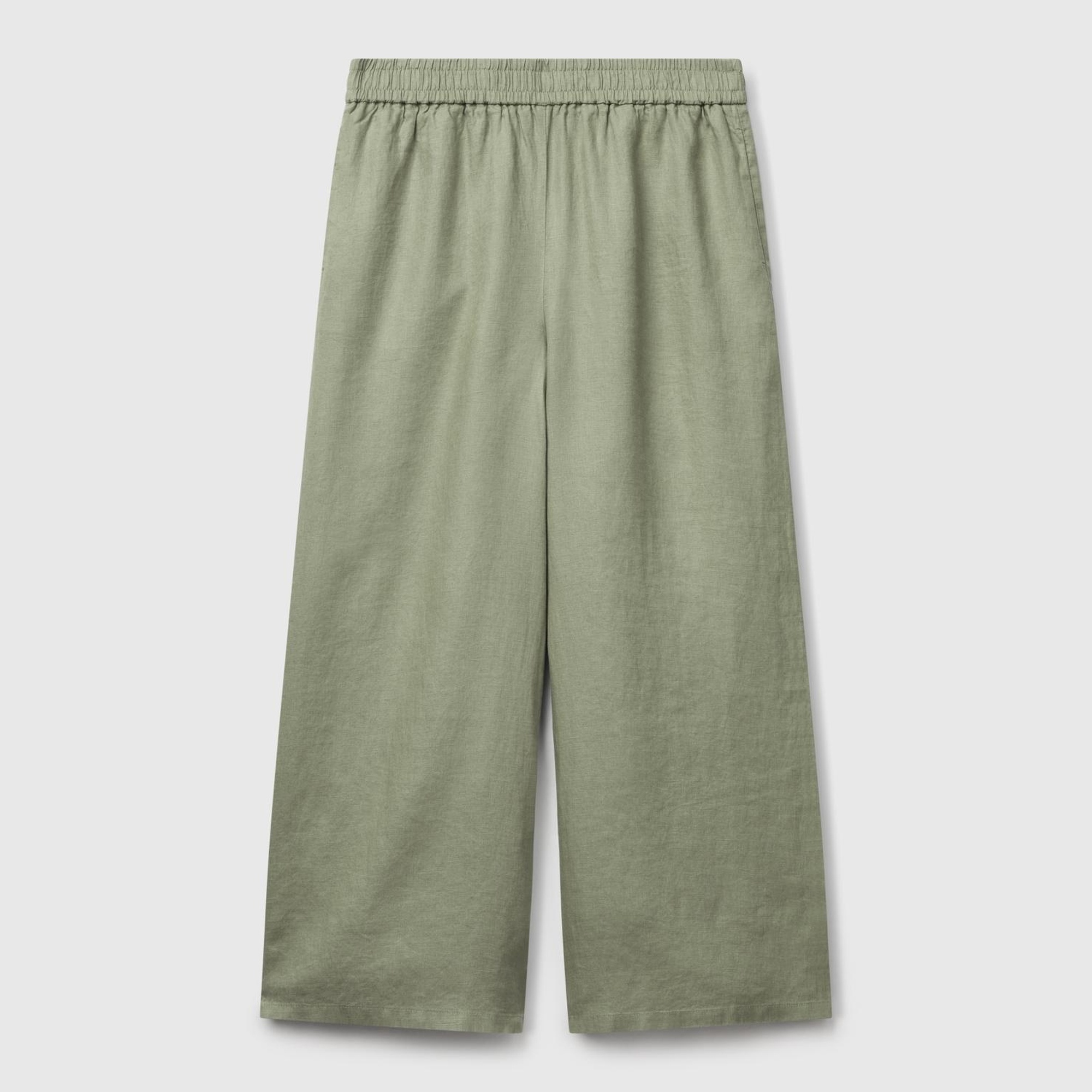 Kadın Adaçayı yeşili %100 Keten Beli Lastikli Bol Kısa Paça Pantolon