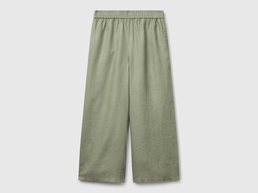  Kadın Adaçayı yeşili %100 Keten Beli Lastikli Bol Kısa Paça Pantolon