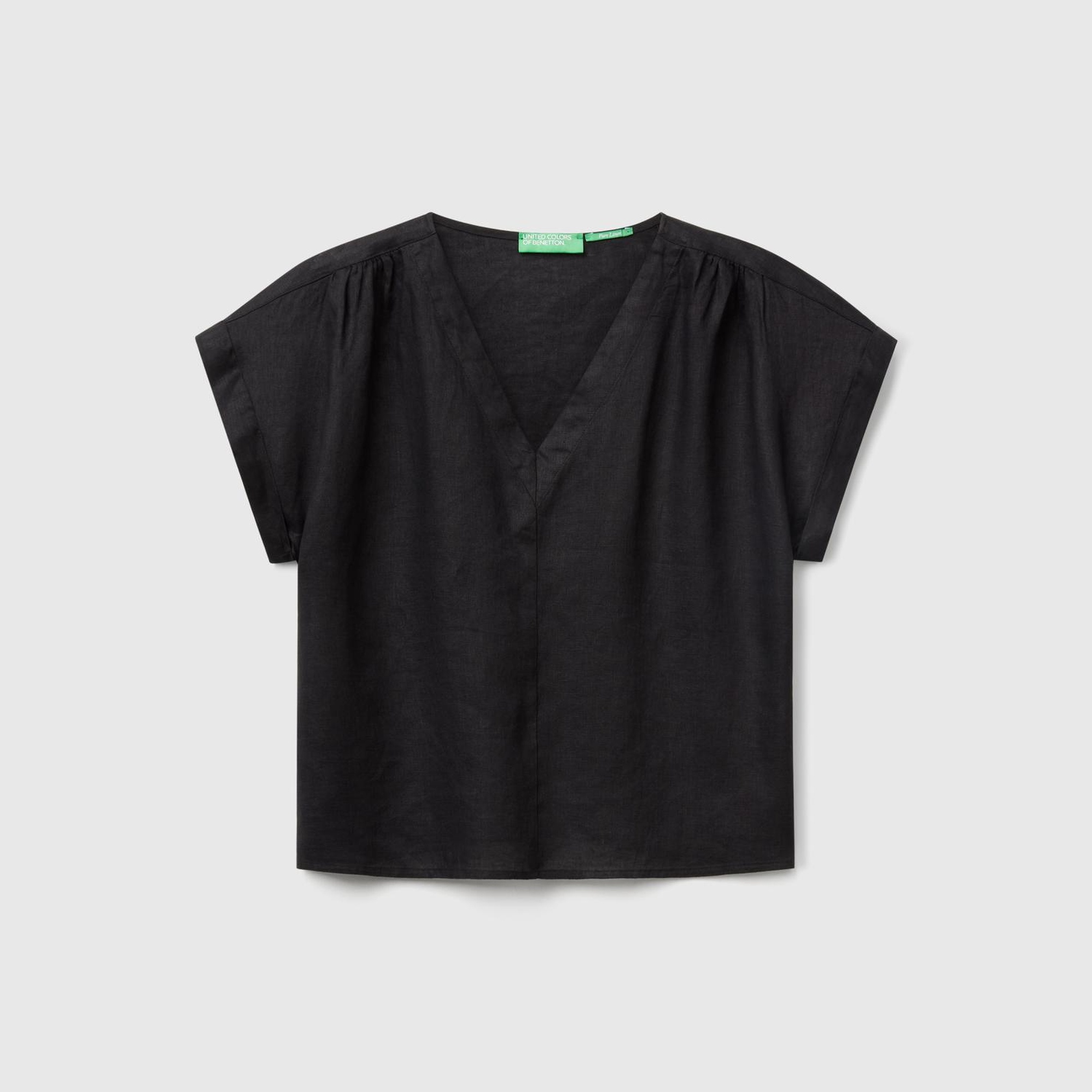 Kadın Siyah %100 Keten Kimono Kol V Yaka Bluz