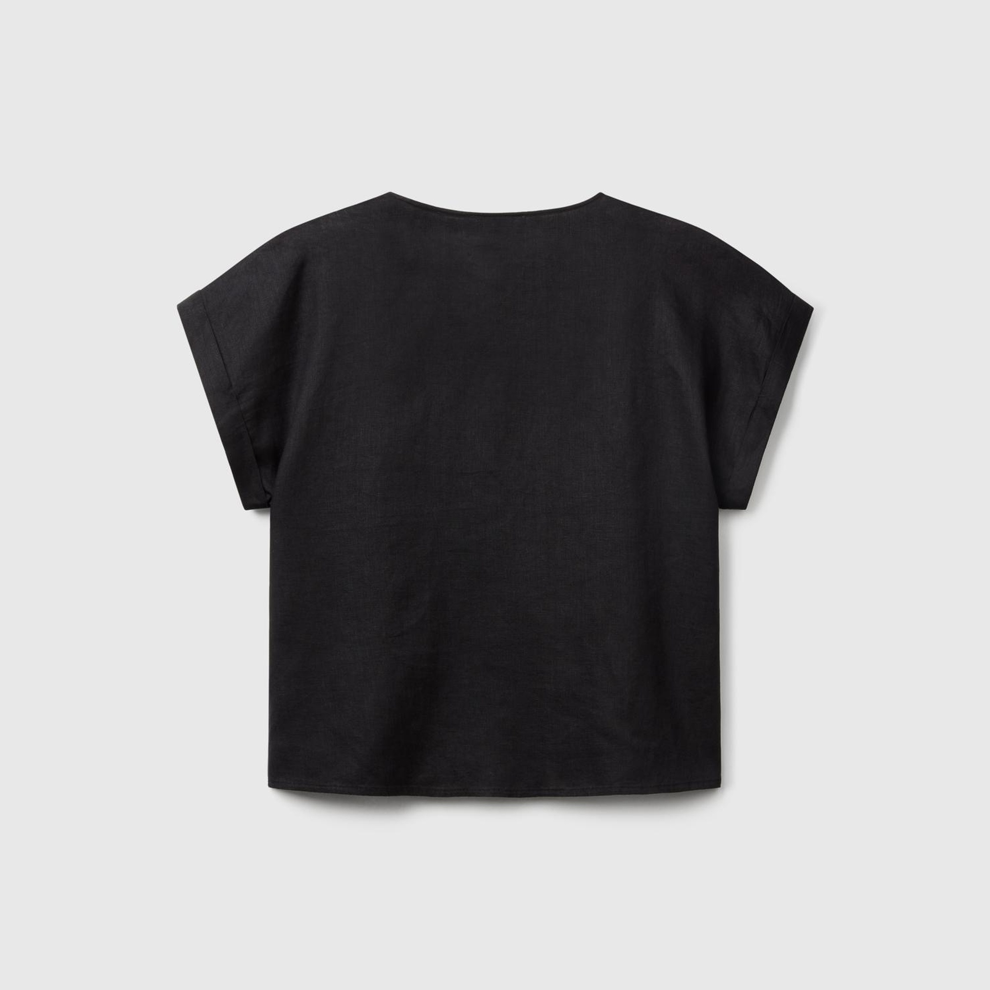 Kadın Siyah %100 Keten Kimono Kol V Yaka Bluz