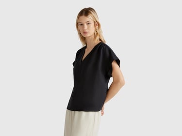  Kadın Siyah %100 Keten Kimono Kol V Yaka Bluz