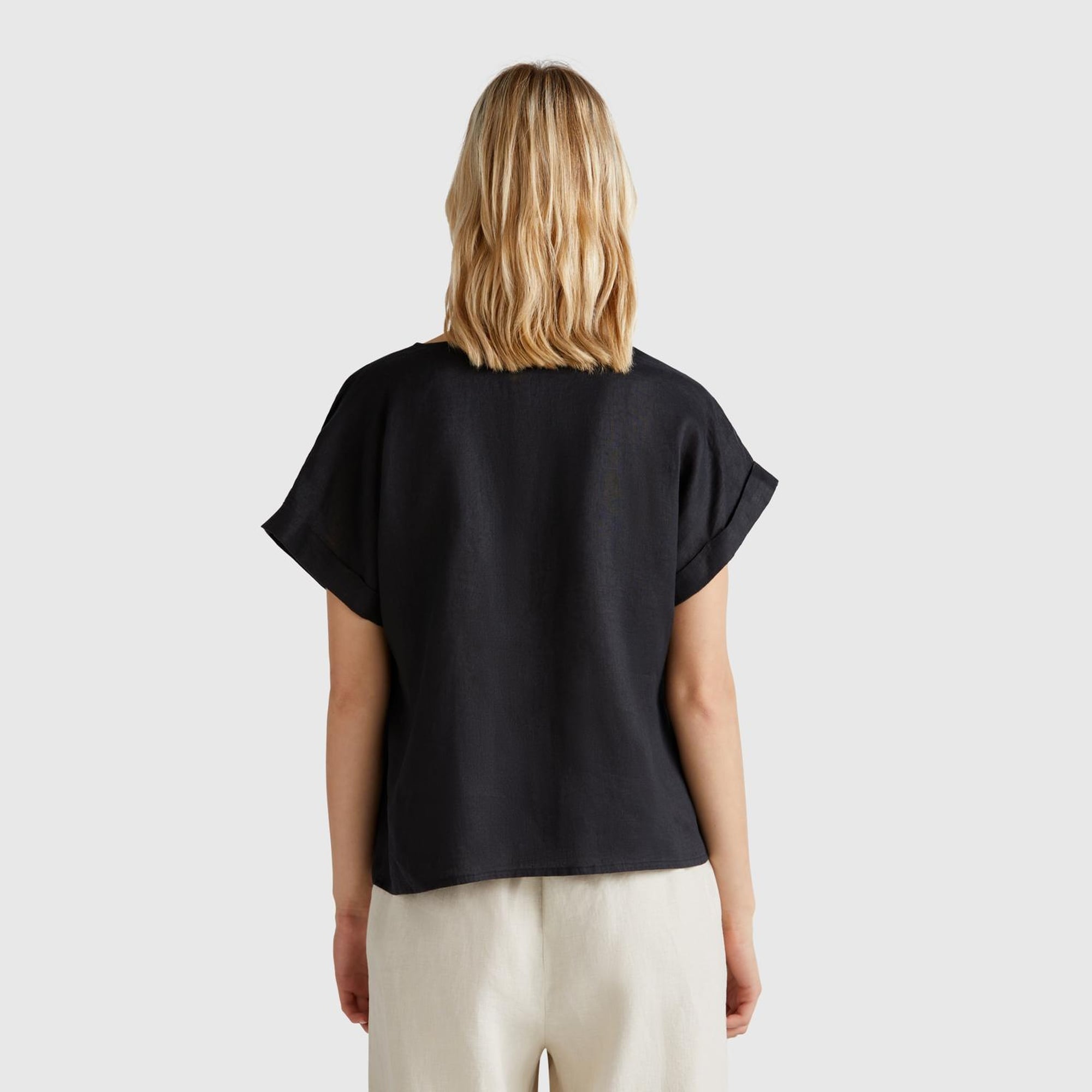 Kadın Siyah %100 Keten Kimono Kol V Yaka Bluz