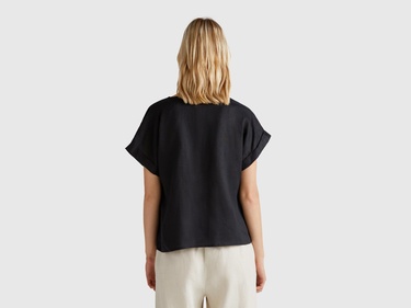  Kadın Siyah %100 Keten Kimono Kol V Yaka Bluz