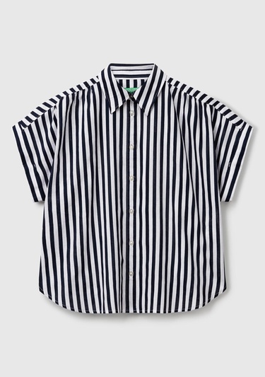  Kadın Lacivert Keten Karışımlı Çizgili Kimono Kol Gömlek