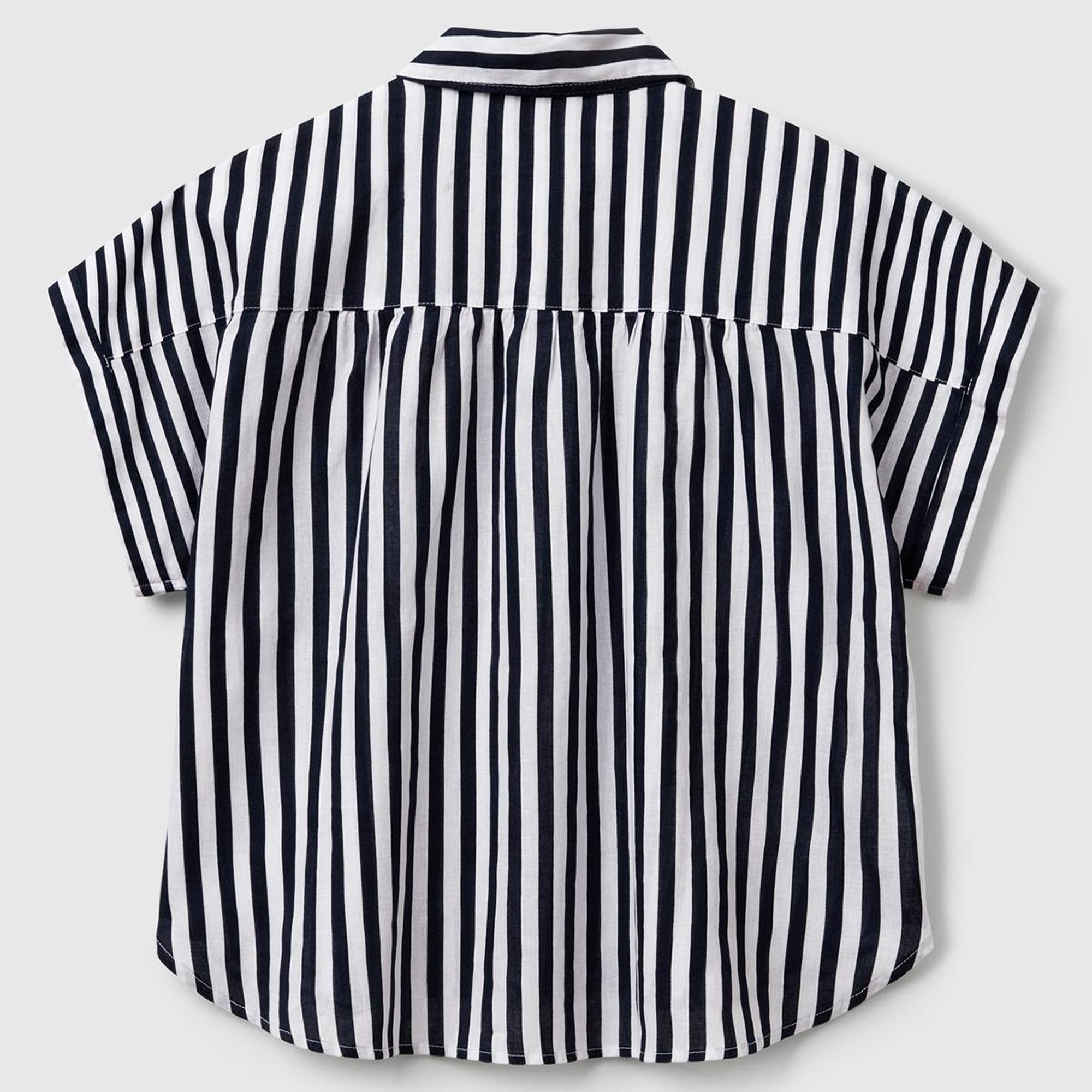 Kadın Lacivert Keten Karışımlı Çizgili Kimono Kol Gömlek