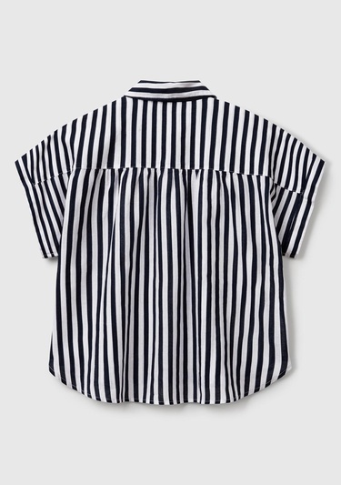  Kadın Lacivert Keten Karışımlı Çizgili Kimono Kol Gömlek
