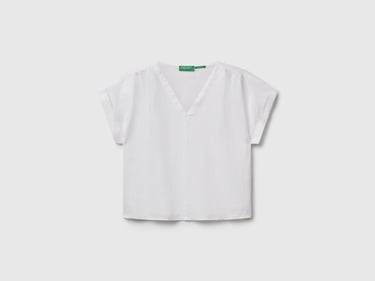  Kadın Beyaz %100 Keten Kimono Kol V Yaka Bluz