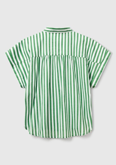  Kadın Yeşil Keten Karışımlı Çizgili Kimono Kol Gömlek
