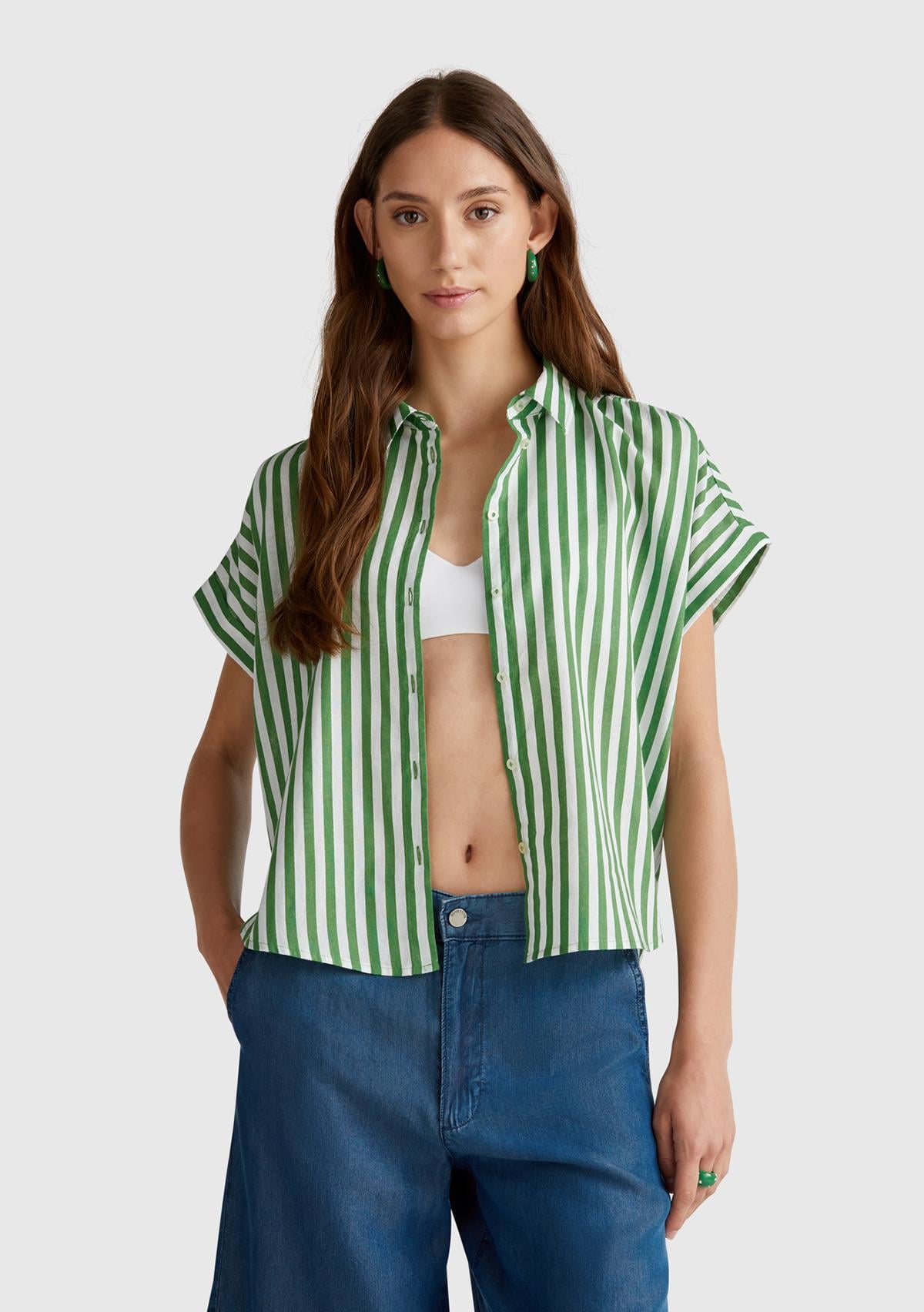  Kadın Yeşil Keten Karışımlı Çizgili Kimono Kol Gömlek