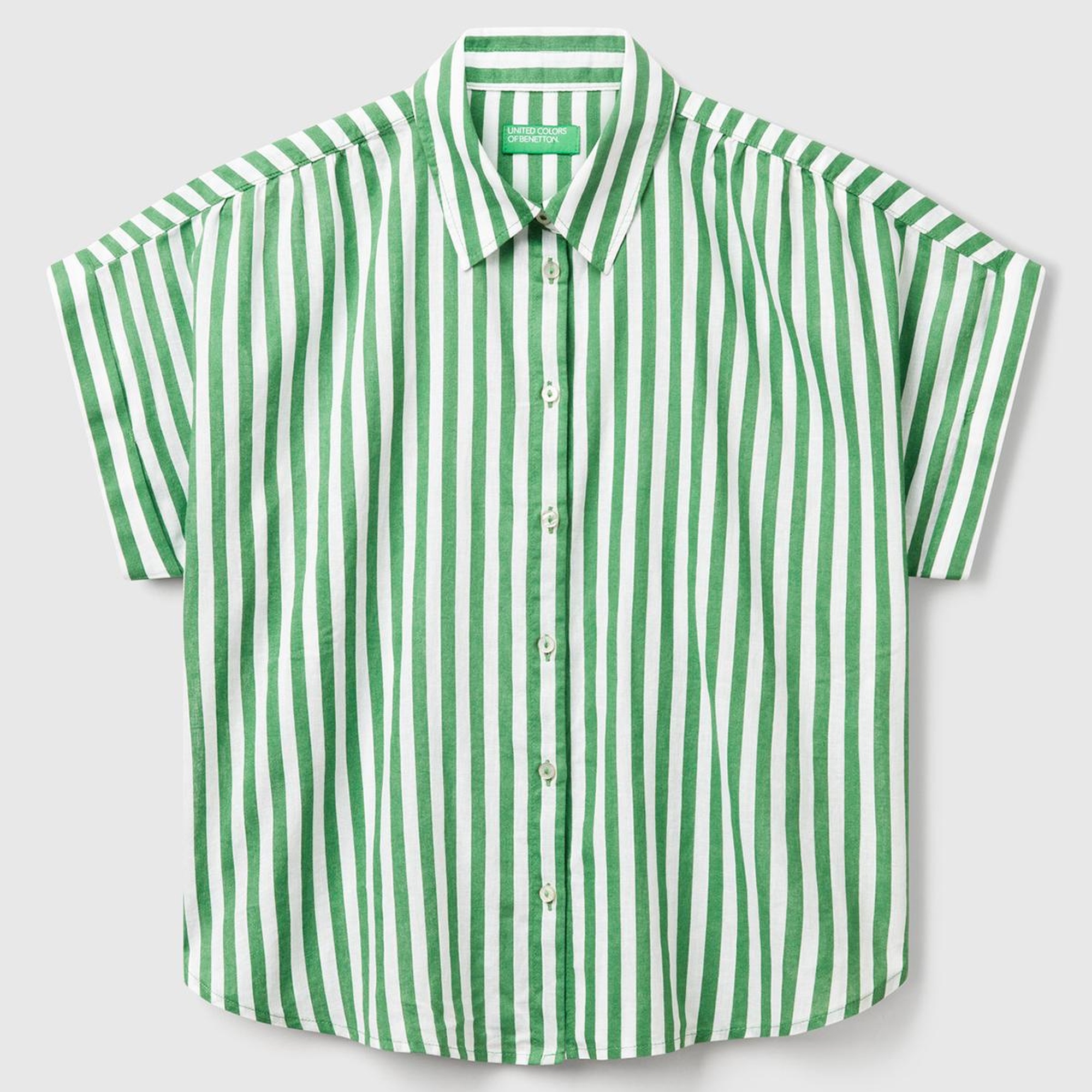 Kadın Yeşil Keten Karışımlı Çizgili Kimono Kol Gömlek