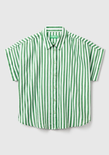  Kadın Yeşil Keten Karışımlı Çizgili Kimono Kol Gömlek