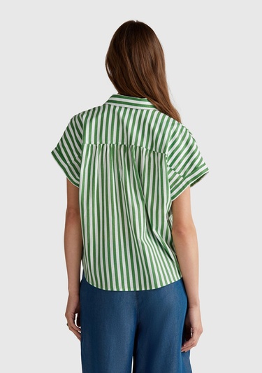 Kadın Yeşil Keten Karışımlı Çizgili Kimono Kol Gömlek