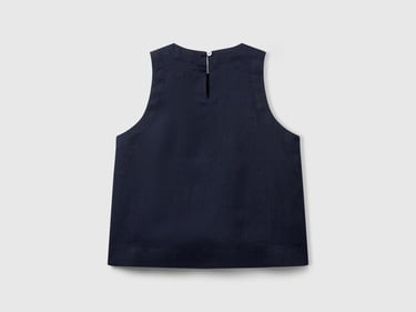  Kadın Lacivert %100 Keten Kolsuz Bluz