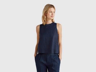  Kadın Lacivert %100 Keten Kolsuz Bluz