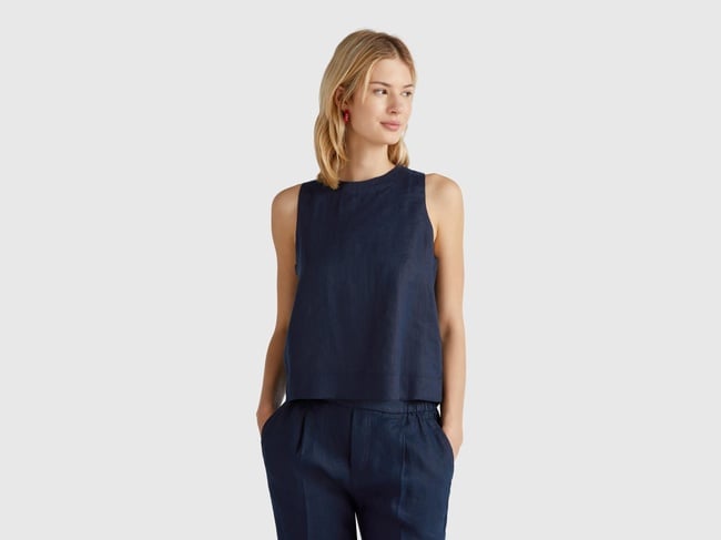  Kadın Lacivert %100 Keten Kolsuz Bluz