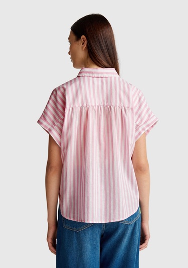  Kadın Pembe Keten Karışımlı Çizgili Kimono Kol Gömlek