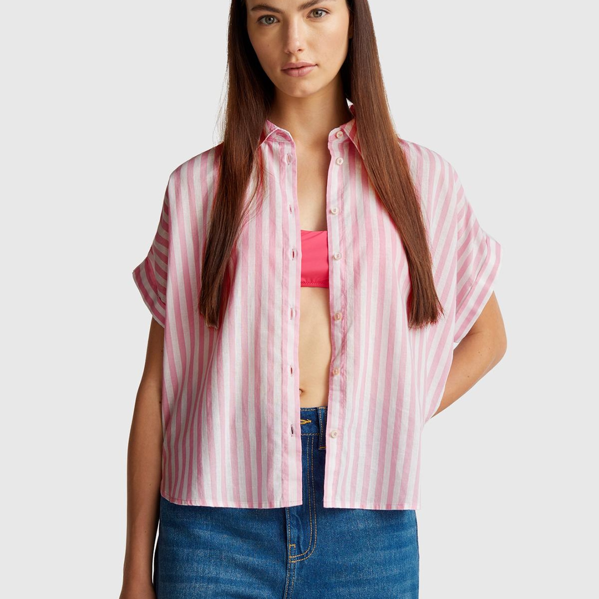 Kadın Pembe Keten Karışımlı Çizgili Kimono Kol Gömlek