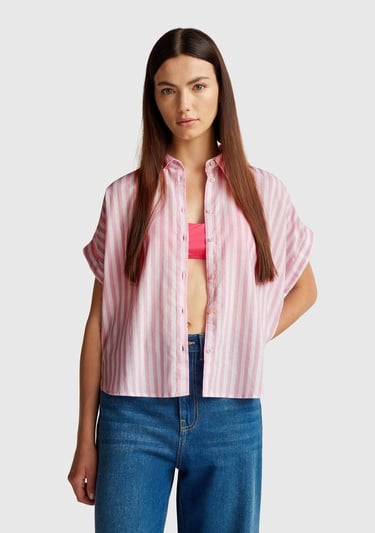  Kadın Pembe Keten Karışımlı Çizgili Kimono Kol Gömlek