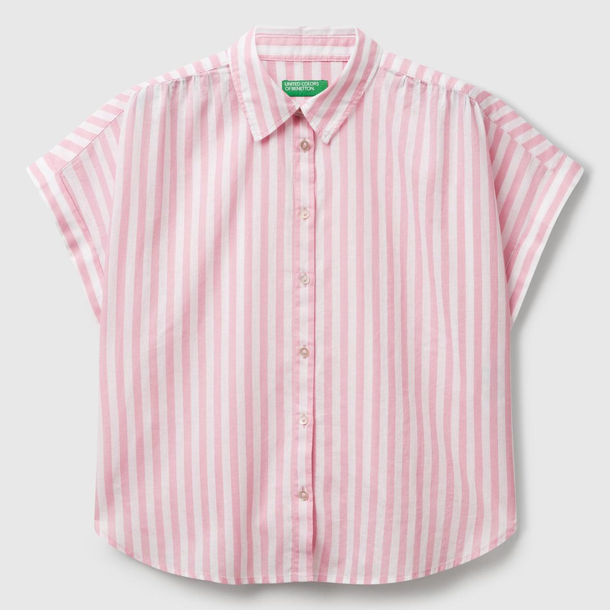 Kadın Pembe Keten Karışımlı Çizgili Kimono Kol Gömlek