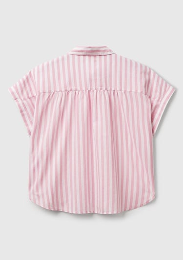  Kadın Pembe Keten Karışımlı Çizgili Kimono Kol Gömlek