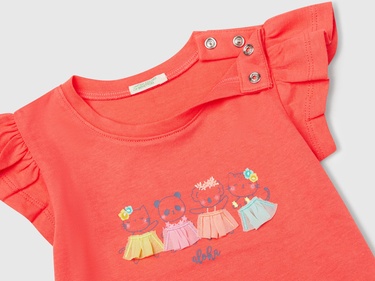  Bebek Mercan Logo Etiketli Kolu Fırfır Detaylı Bisiklet Yaka T-Shirt