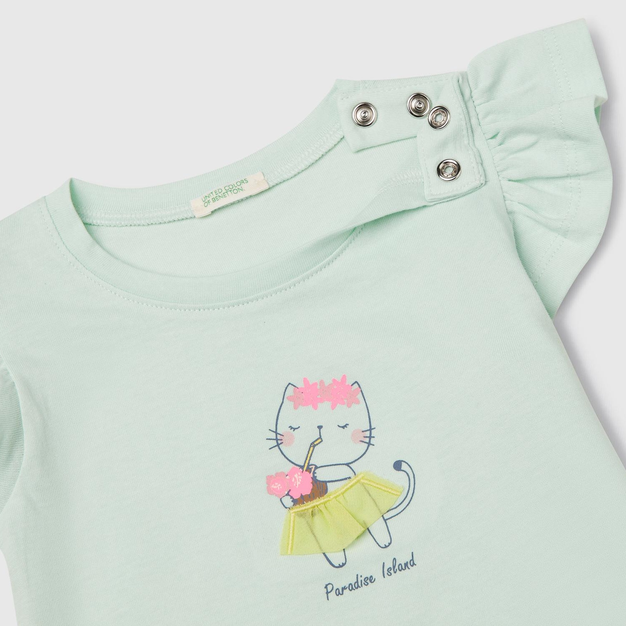 Bebek Su Yeşili Logo Etiketli Kolu Fırfır Detaylı Bisiklet Yaka T-Shirt