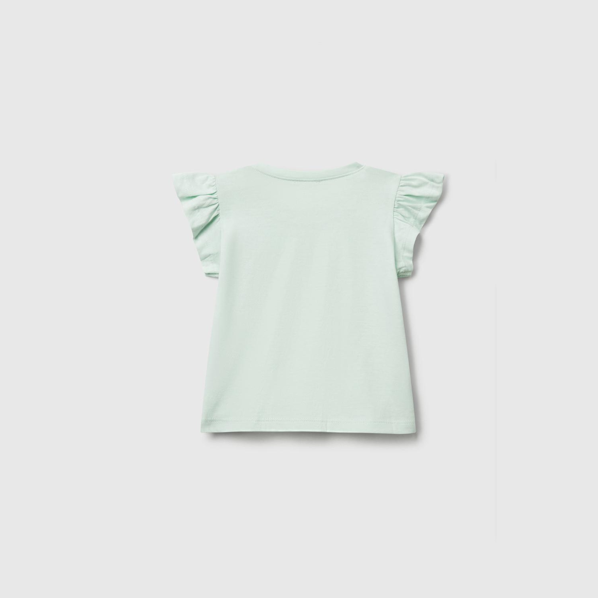 Bebek Su Yeşili Logo Etiketli Kolu Fırfır Detaylı Bisiklet Yaka T-Shirt