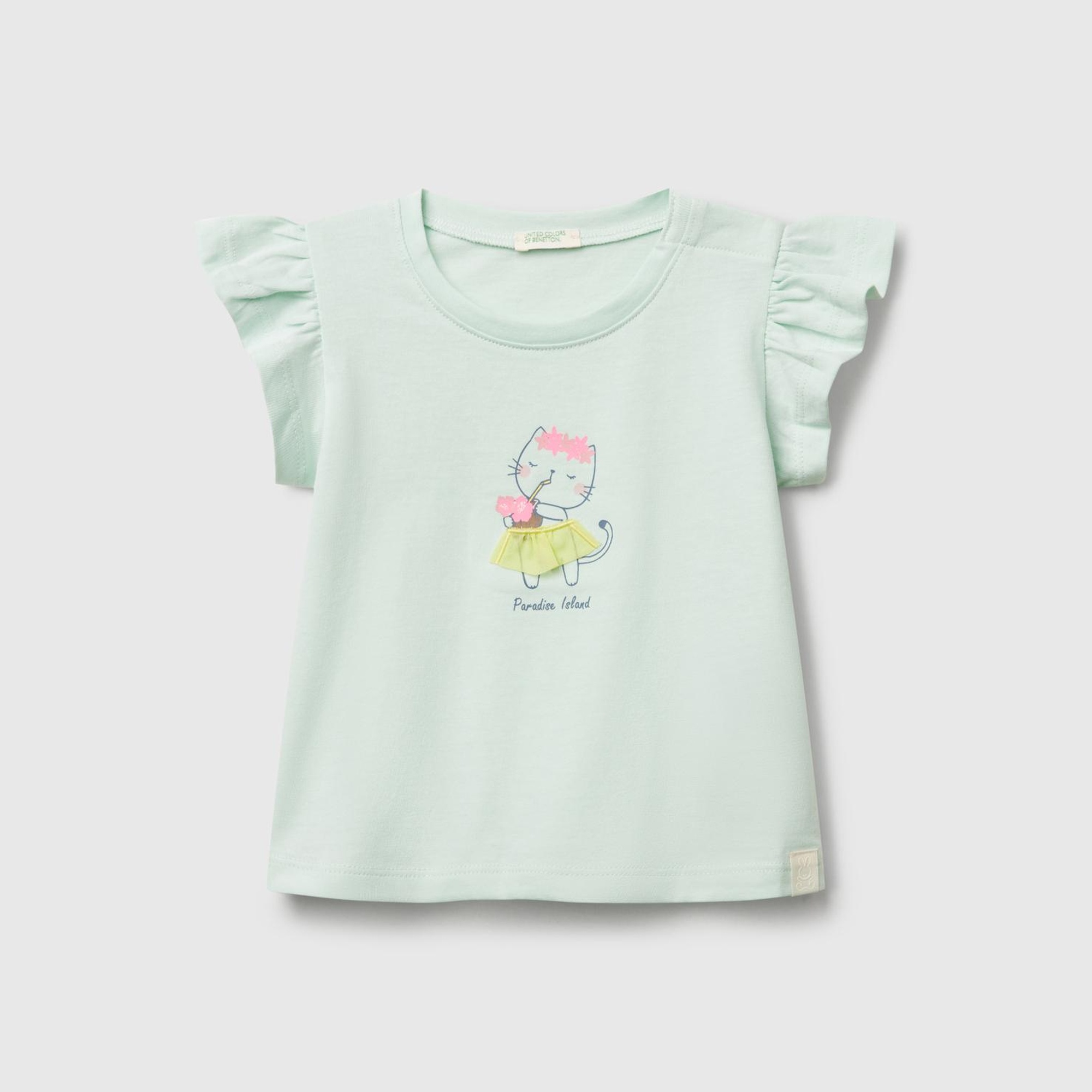 Bebek Su Yeşili Logo Etiketli Kolu Fırfır Detaylı Bisiklet Yaka T-Shirt