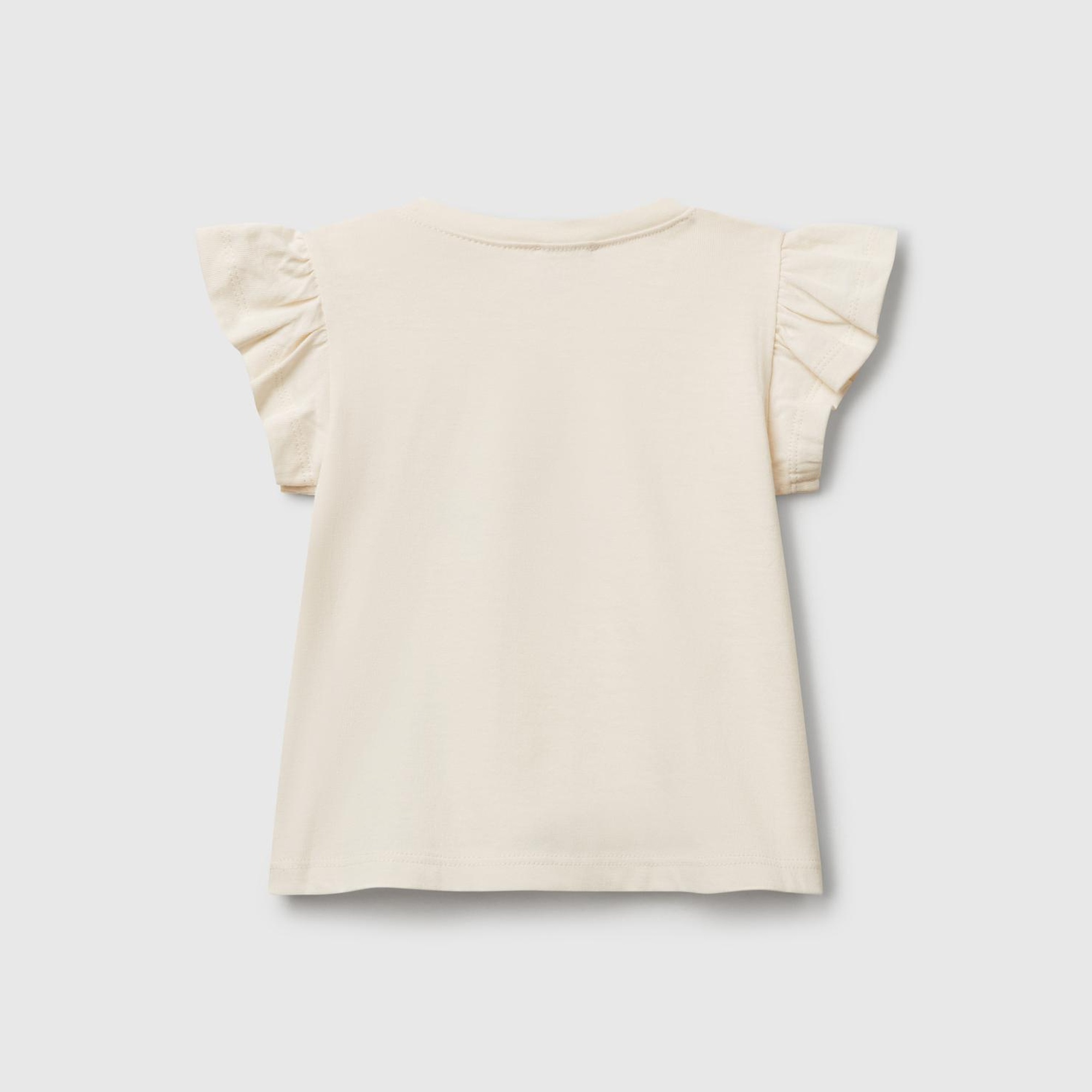 Bebek Ekru Logo Etiketli Kolu Fırfır Detaylı Bisiklet Yaka T-Shirt