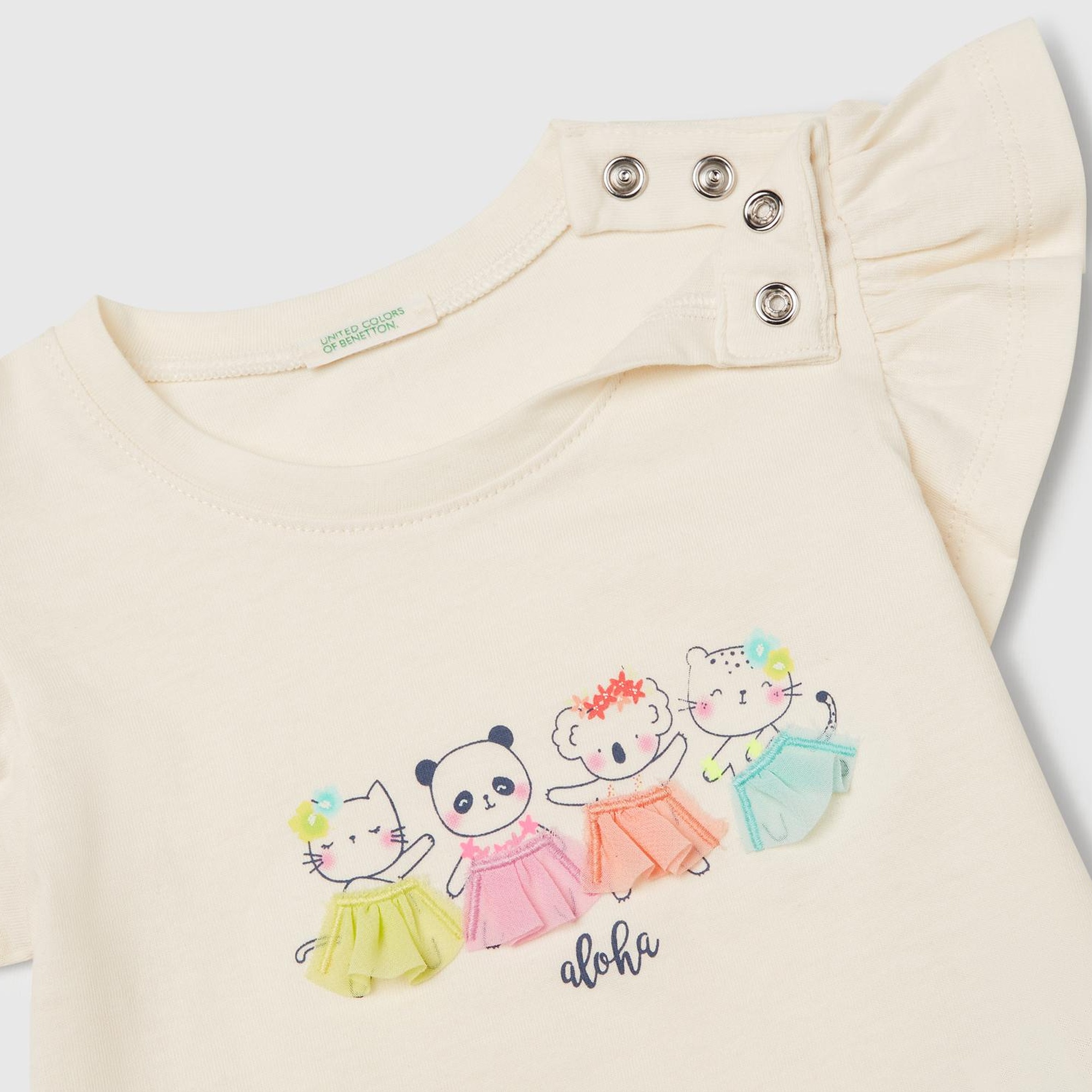 Bebek Ekru Logo Etiketli Kolu Fırfır Detaylı Bisiklet Yaka T-Shirt