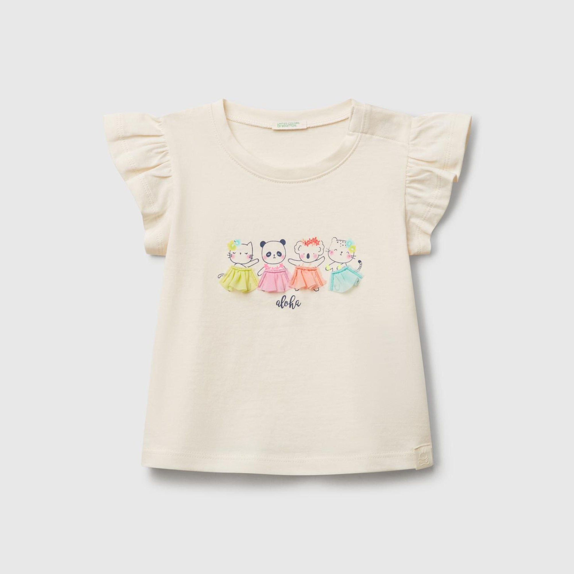 Bebek Ekru Logo Etiketli Kolu Fırfır Detaylı Bisiklet Yaka T-Shirt