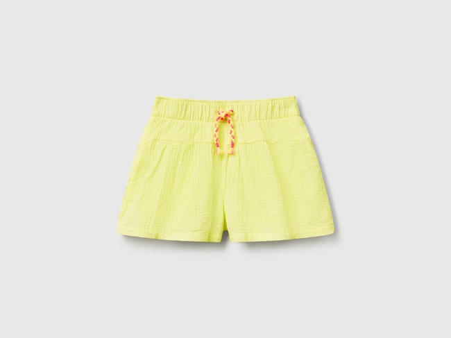  Kız Çocuk Sarı Beli Büzgü İpli Püskül Detaylı Bol Kesim Müslin Şort