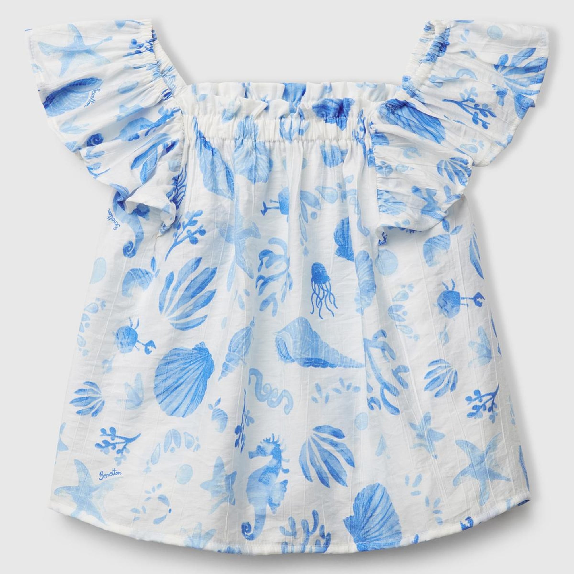 Kız Çocuk Mavi Viskoz Karışımlı Baskılı Hafif Bol Kesim Omuz Askılı Üst