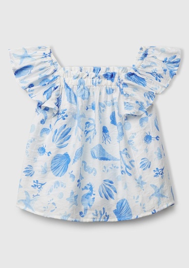  Kız Çocuk Mavi Viskoz Karışımlı Baskılı Hafif Bol Kesim Omuz Askılı Üst