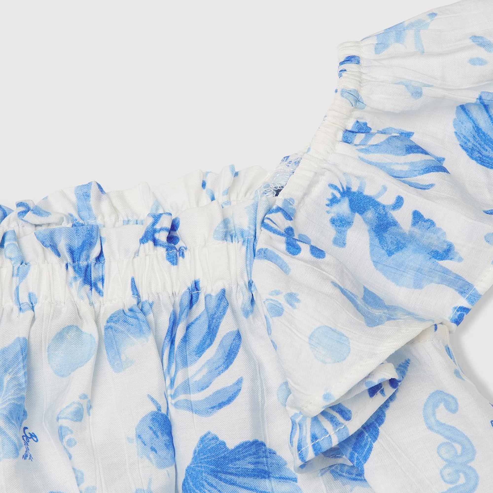 Kız Çocuk Mavi Viskoz Karışımlı Baskılı Hafif Bol Kesim Omuz Askılı Üst