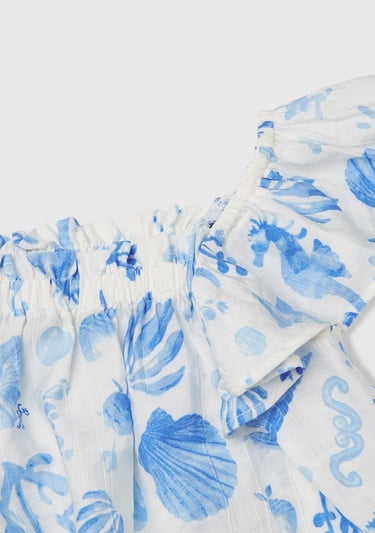  Kız Çocuk Mavi Viskoz Karışımlı Baskılı Hafif Bol Kesim Omuz Askılı Üst