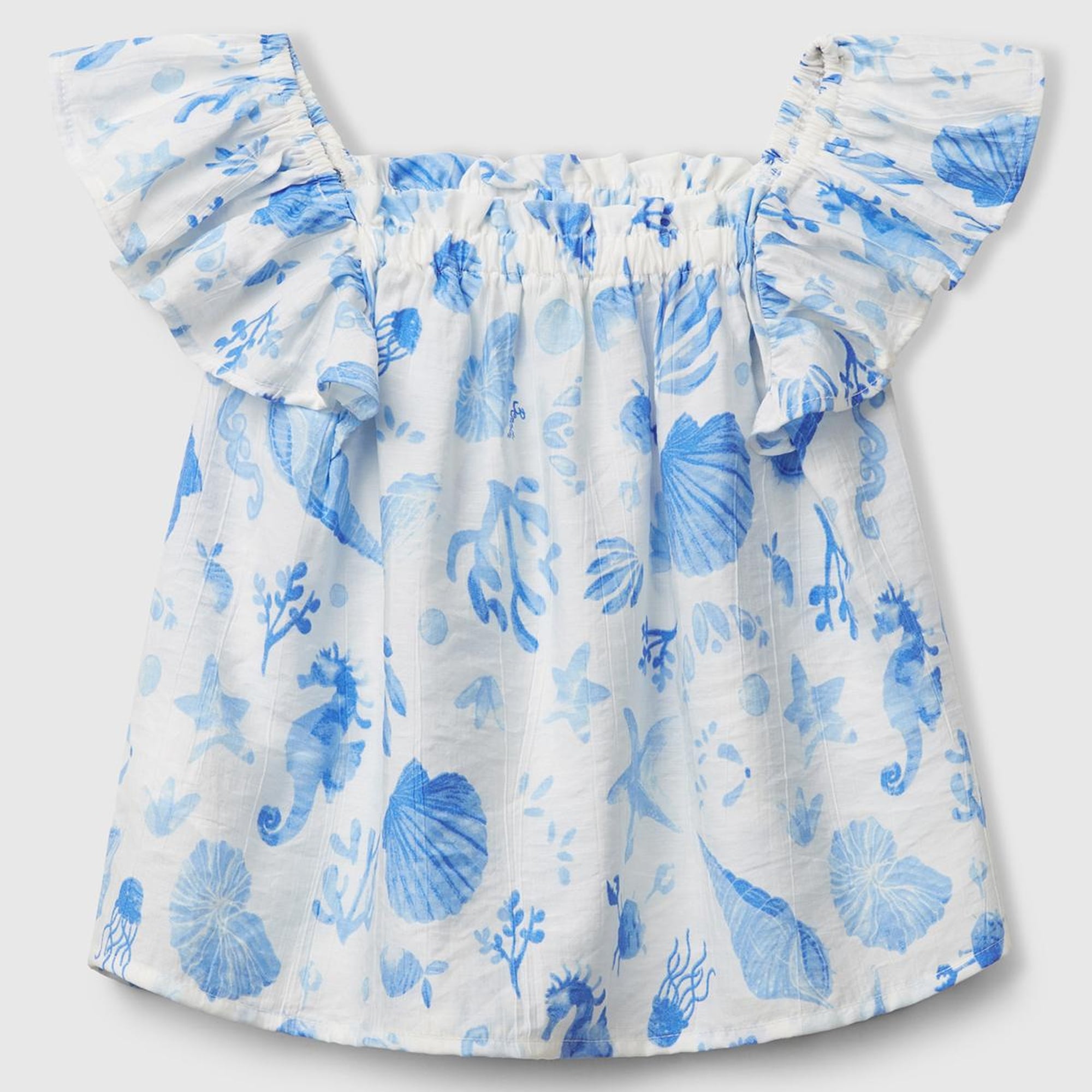 Kız Çocuk Mavi Viskoz Karışımlı Baskılı Hafif Bol Kesim Omuz Askılı Üst