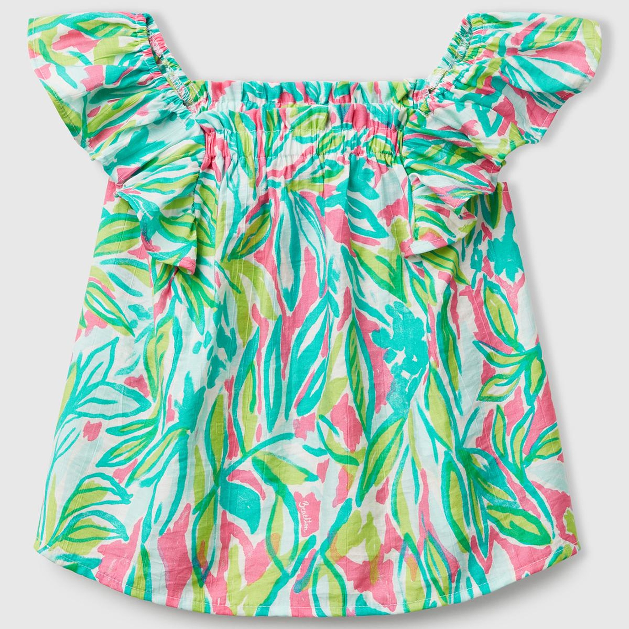 Kız Çocuk Yeşil Viskoz Karışımlı Baskılı Hafif Bol Kesim Omuz Askılı Üst